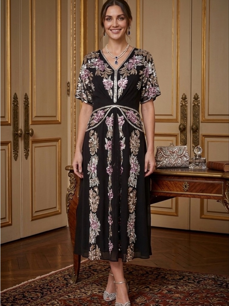 Black Embellished Floral Evening Dress - Pink & Gold Accents